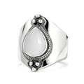 Natural Waterdrop Stone Wide Band Ring,Sterling Silver Genuine Teardrop Crystal Quartz Gemstone Statement Wide Chunky Full Finger Band Ring for Women - color: A03_White Agate