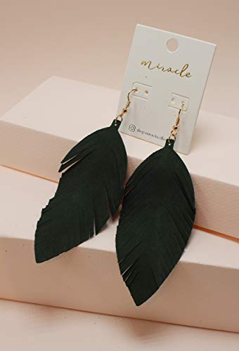 Large Genuine Soft Leather Handmade Fringe Feather Lightweight Tear Drop Dangle Color Earrings for Women Girls Fashion - color: Emerald