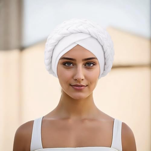 African Women Turban Caps Pre-Tied Twisted Turbans Head Scarf for Women Hair Wraps Cover Beanie Cancer Chemo Headwear - color: 1 Pack Double Twisted Braid A: White