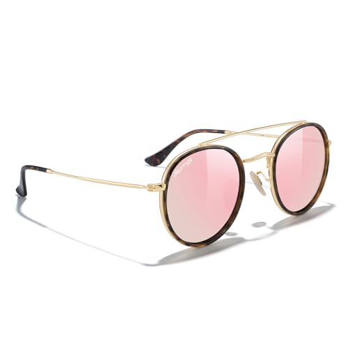 MERRY'S Retro Round Polarized Sunglasses - Unisex Double Bridge Sun Glasses - color: Leopard Frame/Gold Bridge/Pink Mirror Lens