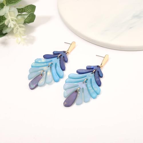 ARATLENCH Acrylic Pendant necklace Earrings – Long Statement Leaf Charm Necklace Tortoise Resin Palm Leaf Earrings Fashion Necklaces Earrings for Women - color: blue A