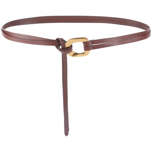 Genuine Leather Double Strap Tie Belt Adjustable Brown Cowhide Skinny Waistband - color: Dark Brown