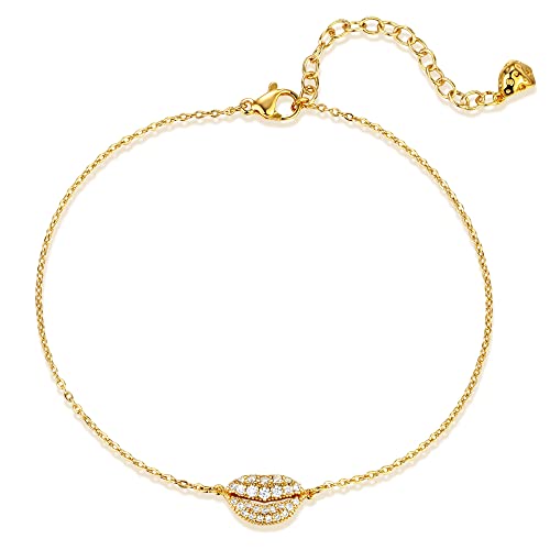 LOYATA Dainty Ankle Bracelet,14K Gold Plated Tiny Bead Anklet Dainty White Cubic Zirconia Cross Tassel Foot Chain Cute Lucky Moon Evil Eye Foot Jewelry Boho Anklets for Women - color: Lip