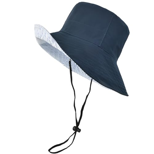 Women's Summer Sun Hat - Reversible Design with Striped Lining Adjustable Brim for Travel and Outings Cap - color: Stripes-navy