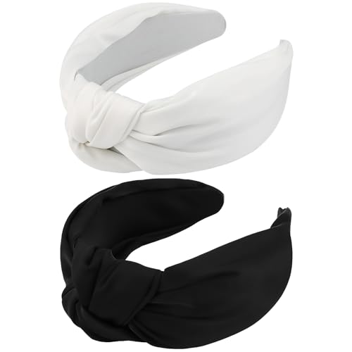 VELSCRUN 2 Pcs Wide Knotted Headbands for Women - Black & White Solid Head Bands for Top Knots, Washing Face, Gifts - color: Black, White