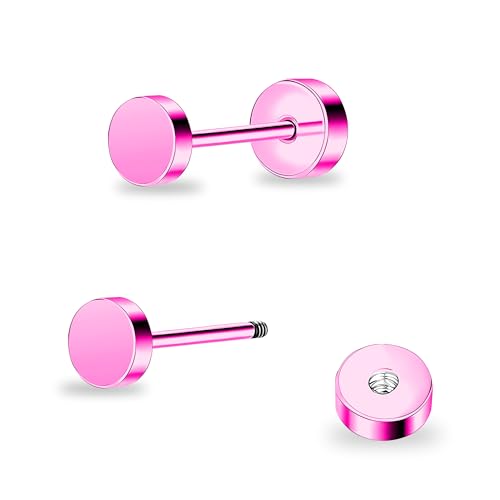 ZDE Women Earrings Flat Back Dot Earrings Titanium Hypoallergenic Cartilage Non-Nickel Earrings Studs for Sensitive Ears Simple Classic 3mm/4mm/5mm/6mm Screw On Stud Earring - color: Pink, size: 4MM