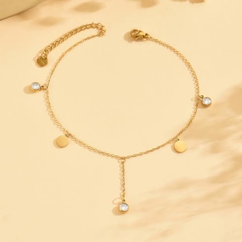 Anklet Bracelets for Women 18K Gold Plated Tennis Anklets Dainty Sapphire Paperclip Pearl Sequin Droplet Adjustable Large Anklet Bracelets Simple Beach Summer Waterproof Foot Jewelry - color: Sequin CZ-Gold