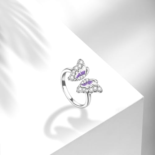 PARCOM Adjustable Women Stackable Ring, 925 Sterling Silver Open Rings - Trendy Eternity Cubic Zirconia Stackable Band Engagement Promise Ring for Her, Hypoallergenic Non Tarnish Nature Bird Floral Thumb Rings - color: Gradient Butterfly