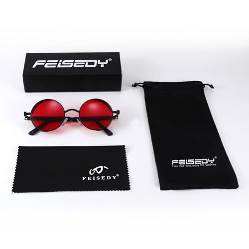 FEISEDY Retro Gothic Steampunk Sunglasses Round Metal Frame Punk Circle Inspired Shade Men B1857 - color: Black/Red