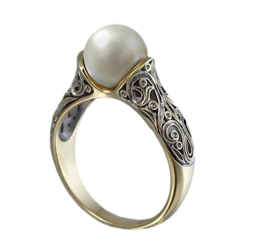 LRESJJIUJ 14k Gold Plated Pearl Women's Ring Handmade Freshwater Aquaculture Pearl Single Stone Ring Fashion Engagement Wedding Jewelry(Size 7) - size: 7