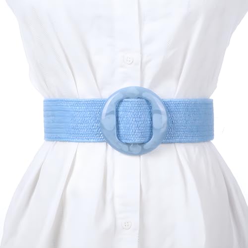beltox fine Women PP Straw Braided Elastic Belt Solid Color with Round Buckle - color: Blue, size: XL-XXXXL(40-54 inch stretch range)