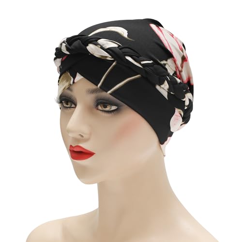 ZLYC Chemo Headwear for Women Pre Tied Turban Headwear Lightweight Beanie Hat - color: Braid Floral Black