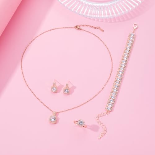 Paxuan 4pcs Cubic Zirconia Wedding Jewelry Sets for Bride Bridesmaid Cubic Zirconia Pendant Necklace Earrings Link Tennis Bracelet Open Ring Set for Women - color: Rose Gold Plated White Cubic Zirconia