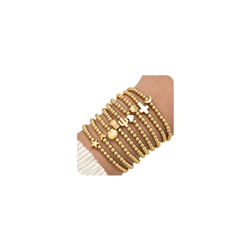 ÌF ME 16 PCS Gold Bead Bracelet for Women, Gold Beaded Stretch Plated Stackable Strand Bead Ball Bracelets stack Adjustable Jewelry Set for Gifts - color: 9 PCS Gold