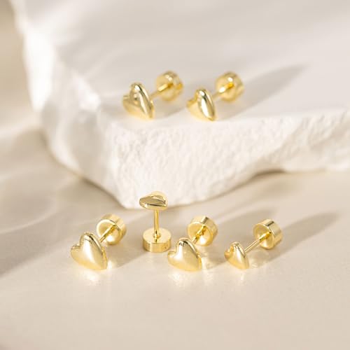 VRIUA 20G Tiny Flat Back Earrings for Women - 14K Gold/Silver Plated Small Flat Back Stud Earrings Hypoallergenic Cartilage Helix Piercing Jewelry - color: 5/6/7mm-Heart Flat Gold