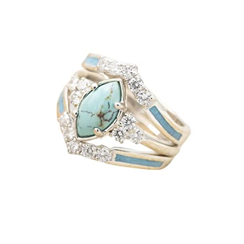 3 PCS Natural Turquoise Diamond Ring Set - Western Jewelry Silver Color Rings for Women - Bohemian Joint Knuckle Finger Rings With Sparkling Natural Gemstone - size: 11