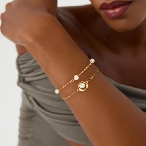 Pearl Bracelets for Women, Dainty 18K Gold Plated Pearl Beaded Bracelet Stack Trendy Thin Link Chain Charm Bracelets Set, Wedding Bridesmaid Mother Gifts Jewelry for Women