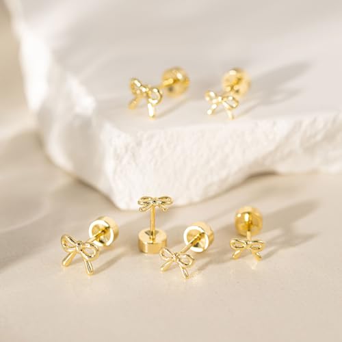 VRIUA 20G Tiny Flat Back Earrings for Women - 14K Gold/Silver Plated Small Flat Back Stud Earrings Hypoallergenic Cartilage Helix Piercing Jewelry - color: 4/5/6mm-Bow Flat Gold