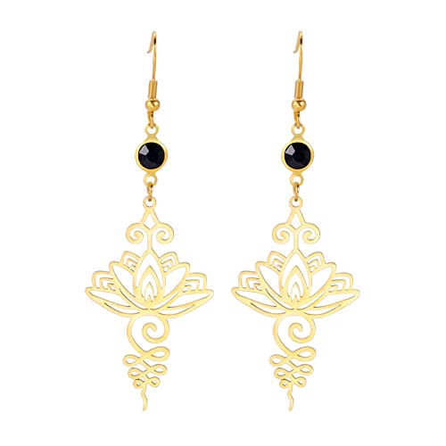 TEAMER Stainless Steel Lotus Flower Dangle Earrings Bohemian Drop Earring Unique Geometric Jewelry for Women - color: Lotus 4-Gold