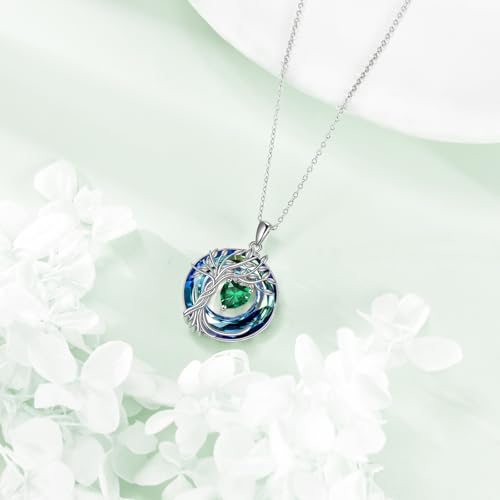 POPLYKE Mothers Day Gifts for Mom Her Wife Tree of Life Necklace 925 Sterling Silver Birthstone Pendant with Crystal Anniversary Birthday Wedding Jewelry for Women - color: 05-May-Emerald, style: White Gold Plated-Blue Crystal
