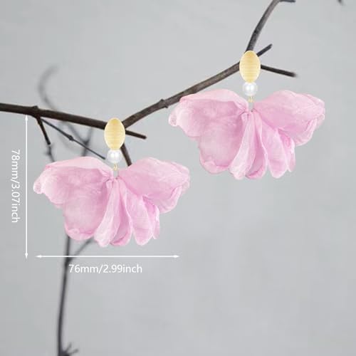 Handmade Fabric Flower Petal Fringe Dangle Drop Earrings Bohemian Floral Tassel Stud Earrings For Women - color: Light Pink