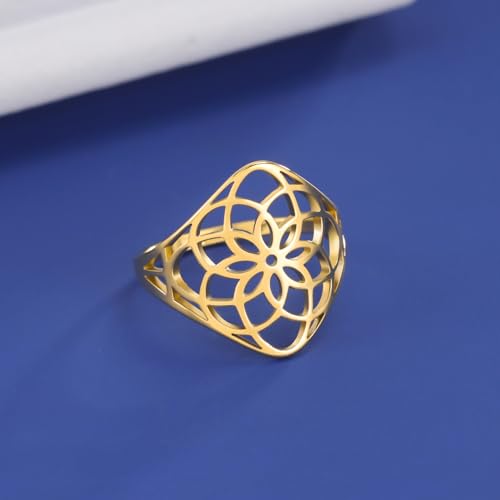 TEAMER Filigree Flower Ring Stainless Steel Elegant Bohemian Finger Ring Wedding Band Ring Exquisite Jewelry for Women - color: Style 1 - Gold