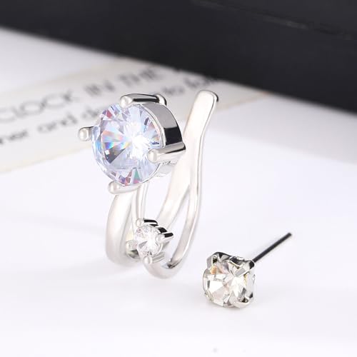Cubic Zirconia Ear Cuff Non-Piercing CZ Clip on Earrings Round Crystal Stud Earrings Silver Cartilage Hypoallergenic Earrings Set Party Prom Jewelry for Women - color: White
