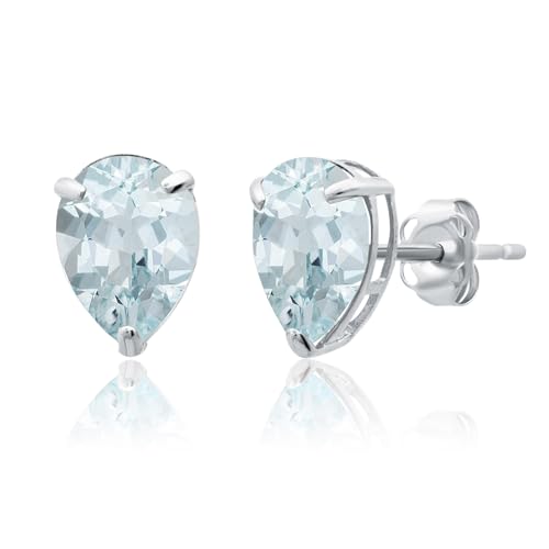 14k Yellow or White Gold Teardrop Gemstone Pear Shape Stud Earrings for Women with Push Backs and 8mm x 6mm Birthstone by MAX + STONE - color: Genuine Aquamarine
