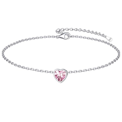ChicSilver 925 Sterling Silver Anklets for Women, Simple Dainty Round/Heart Birthstone Ankle Bracelet Beach Foot Jewelry, 8.7-10.7 Inch Adjustable - color: 10. Heart - October(Tourmaline)