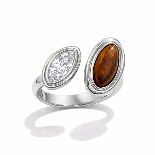 Mchic Adjustable Chunky Rings for Women: Dainty Natural Gemstone Ring Stainless Steel 18K Gold/Silver Plated Band Rings Non Tarnish Waterproof Statement Fashion Jewelry Gift for Women - color: Silver+Tiger Eye Stone+Cubic Zirconia