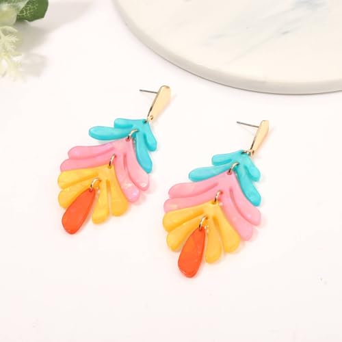 ARATLENCH Acrylic Pendant necklace Earrings – Long Statement Leaf Charm Necklace Tortoise Resin Palm Leaf Earrings Fashion Necklaces Earrings for Women - color: colorful