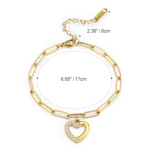 Emibele Heart Charm Bracelet for Women, Bible Verse Bracelet Stainless Steel 18K Gold Plated Bracelet Love Pendant Link Chain OT Clasp, Birthday Christmas Jewelry Gift for Mother Her - color: Gold Heart Pendant