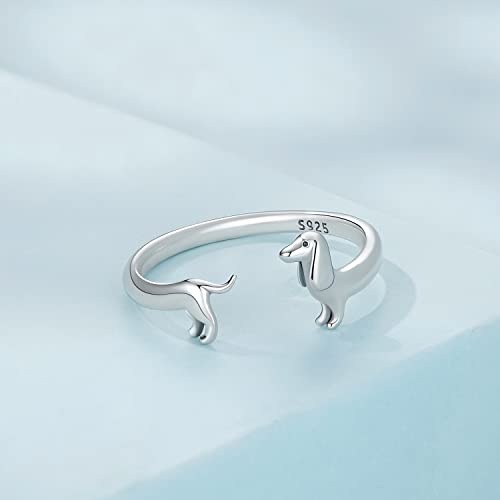 BISAER 925 Sterling Silver Ring Adjustable Cute Unique Cat Snake Butterfly Dragonfly Fashionable Ring For Women Jewelry - color: silvery dachshund
