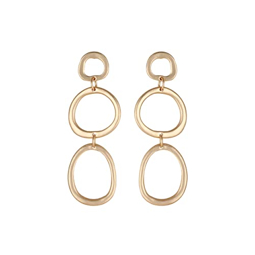 Bohemian Boho Round Circle Hoop Dangle Drop Earrings for Women – Delicate – Hammer Texture – Matte Plated – with Gift Box Included - style: MATTE GOLD - THREE CIRCLE DANGLE
