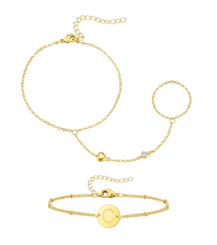 doubgood Gold Bracelets for Women, 5 Piece 14K Gold Plated Bracelet Stack Beaded Ball Jewelry Sets Gifts for Women - color: Style 5-Gold Hand Chain+C