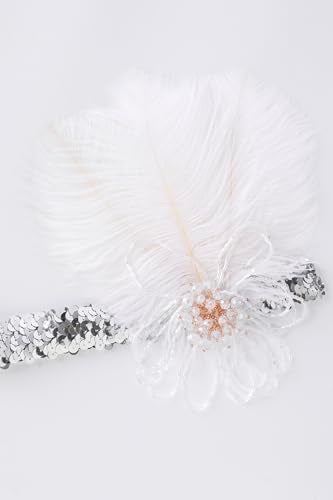BABEYOND 1920s Feather Flapper Headband - Vintage Sequin Headpiece for Gatsby Party Roaring 20s Costume Accessories - color: White