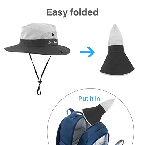 3 Pieces Womens Ponytail Wide Brim Sun Hat Packable UV Protection Beach Cap for Fishing & Hiking - color: Black＆gray＆pure Beige