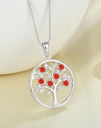 Tree of Life Necklace for Women - Solid 925 Sterling Silver 18K White Gold Plated Birthstone Pendant Jewelry - color: 01-Jan_Garnet