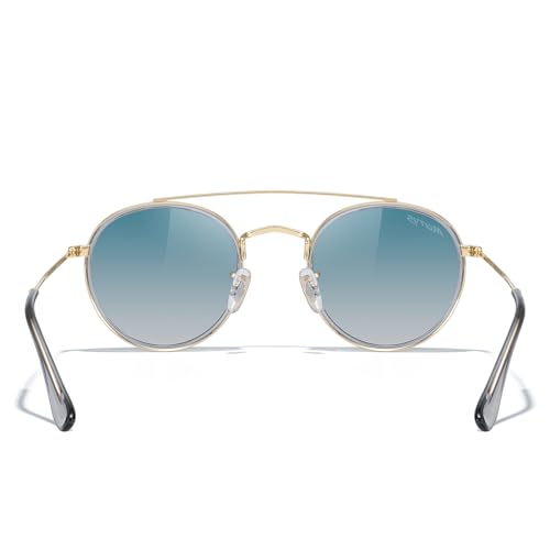 MERRY'S Retro Round Polarized Sunglasses - Unisex Double Bridge Sun Glasses - color: Tra Gray Frame/Gold Bridge/Green Gradient Lens
