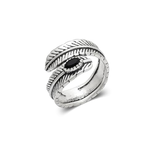 Silver Plated Feather Ring | 925 Silver Adjustable Open Ring | Vintage Leaf Design Inspirational Jewelry for Men & Women | Hypoallergenic Boho Statement Ring - color: Black Onyx Protection