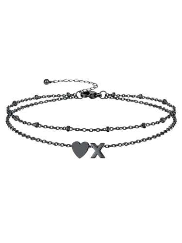 Silvora Ankle Bracelets for Women Waterproof 14K Gold/Silver/Black Initial Anklet for Women Dainty Layered Heart Ankle Bracelets Stainless Steel Adjustable Foot Chain Anklet Summer Beach Jewelry - color: Black-Stainless Steel, size: 24.X