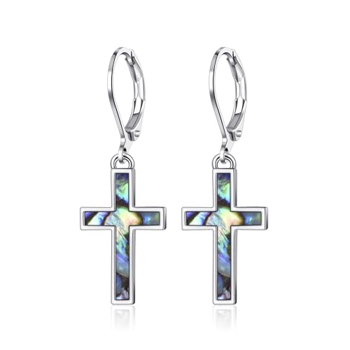 Leverback Earrings Dangle Earrings for Women Dangly Earrings Anniversary Birthday Gifts for Women - style: Cross Earrings with Abalone