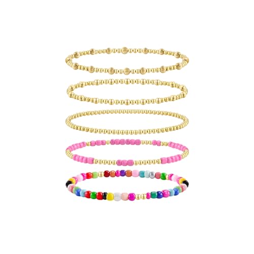 VIBILIA Gold Beaded Bracelets Set for Women 14K Gold Plated Dainty Pearl Cross Bracelet Stack Stretch Bracelet Set Fashion Accessories Gifts - color: 5P-MZ-Color