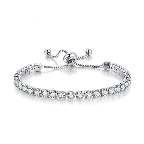 Tennis Chain Rhinestone Beads Slider Bracelet 14K Gold Silver Plated Adjustable Crystal Seed Bracelet for Women Wedding Party Geometric Jewelry Gift - color: C silver