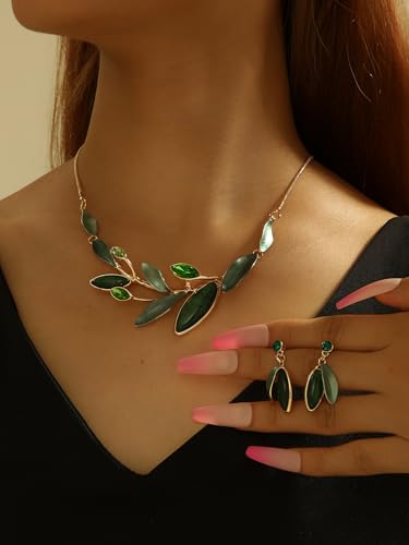 Vintage Chunky Statement Jewelry Set Retro Leaf Floral Geometric Bohemian Boho Bib Necklace Earring Set Fashion Costume Jewelry for Women Girls Wedding Party Prom Unique Gift - style: branch leaf-green gold