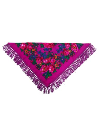 MJ SERECA Acrylic Bandana Printed Hair Scarf Square Ukrainian Head Scarf Floral Babushka Neck Scarf for Women 30"/42"/60" - color: Purple With Tassel