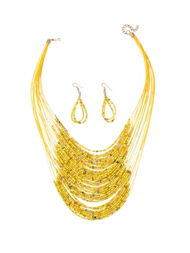 Bohemian Colorful Beaded Earrings Necklace Geometric Teardrop Dangle Earrings Multi-layered Stackable Choker Necklaces Boho Seed Bead Chain Statement Beach Party Accessories - color: Yellow