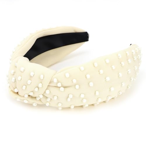 YISSION 1PC Pearl Knotted Headband for Women Non Slip Beaded Headband Wide Pearl Headbands Jeweled Embellished Hairband Off-white Head Band Hair Accessories for Women Girls - color: Off-white