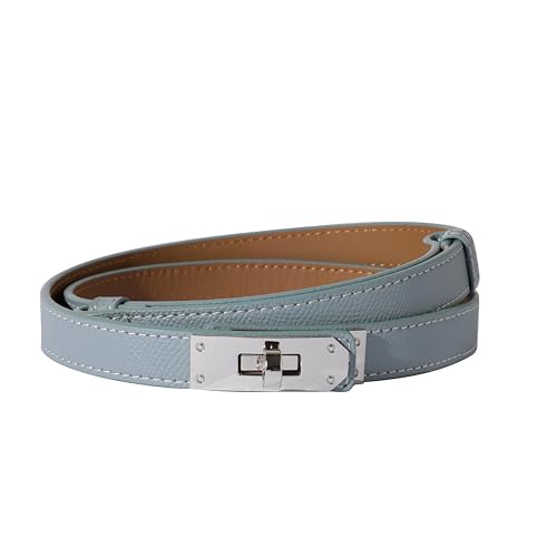 Ovekaut Women Skinny Leather Belt Solid Color Alloy Turn Lock Adjustable Waistband for Dresses Jeans Coats - color: Light Blue / Silver