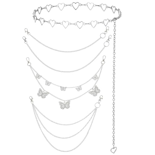 ElevateTech 5Pcs Chain Belt for Women Heart Chain Belt Jeans Pants Pocket Waist Punk Pocket Chains Hip Hop Goth Adjustable Body Accessories Formal Wear Dresses Casual Pants Girls Gift (Silver)